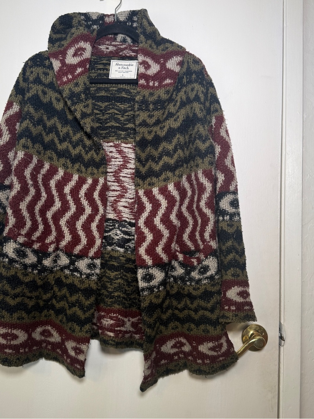 Abercrombie & Fitch Womens Olive, Burgundy Patterned Open Cardigan Sweater Small
